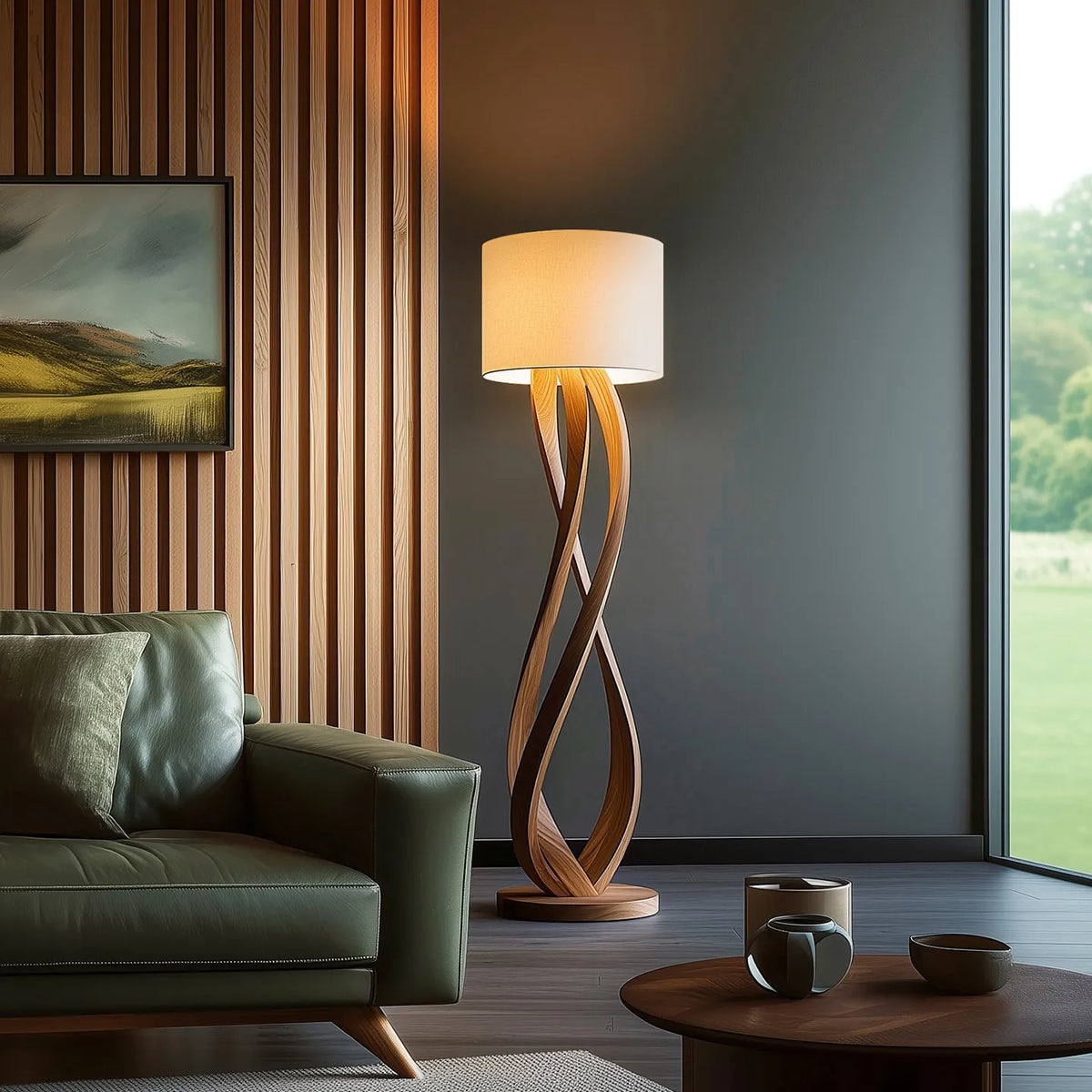 Wood Floor Lamp – Sculpted Base and Fabric Shade