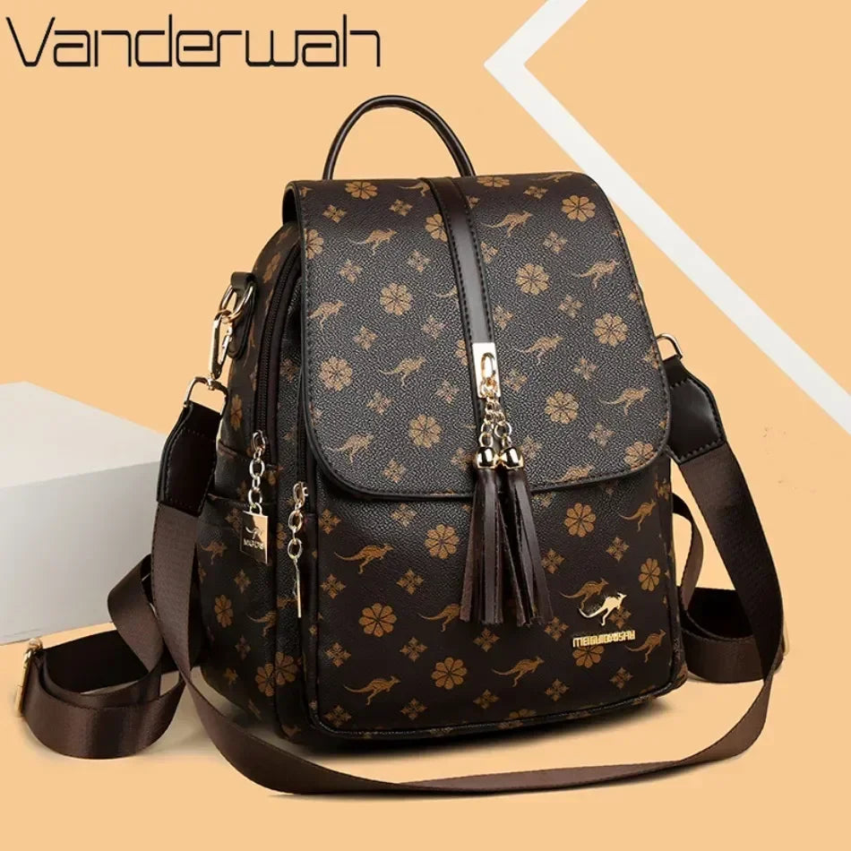Women's Luxury Leather Backpack – Vintage Print Tassel Fashion Bag