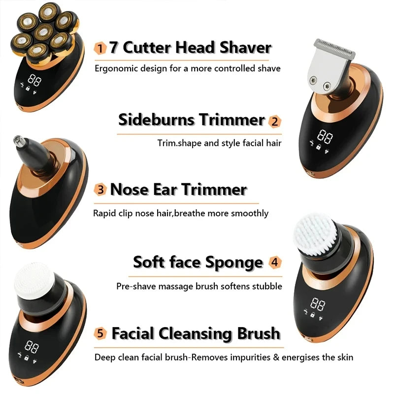 7D Floating Head Electric Shaver for Men – Wet/Dry Rotary Razor with LCD Display & Bald Head Trimmer