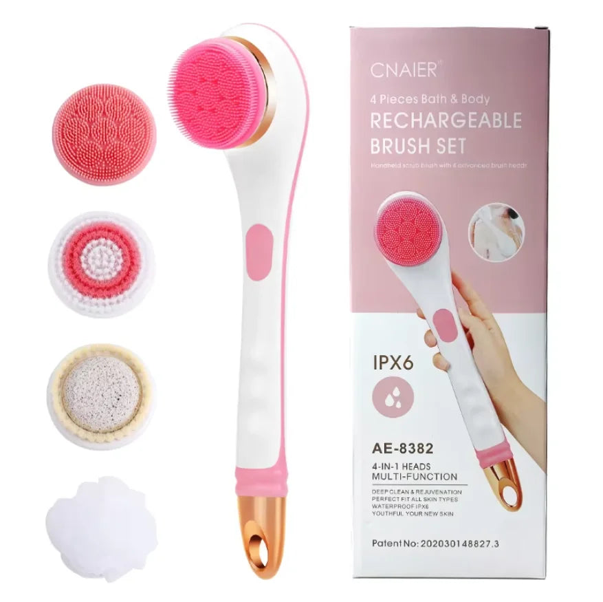 Electric Bath Brush with Long Handle – IPX6 Waterproof, 4 Replaceable Heads, Body Scrubber & Massager
