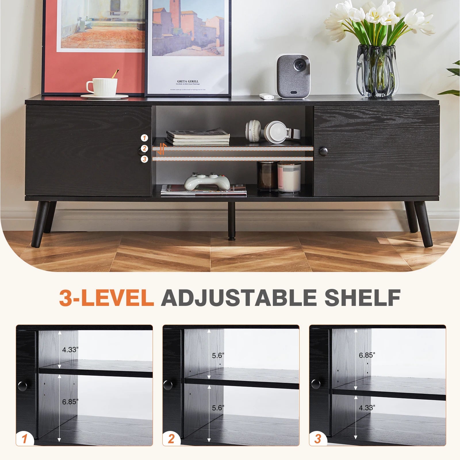 Wooden Fireplace TV Stand for 60" TVs — Entertainment Center with Adjustable Shelf & Storage