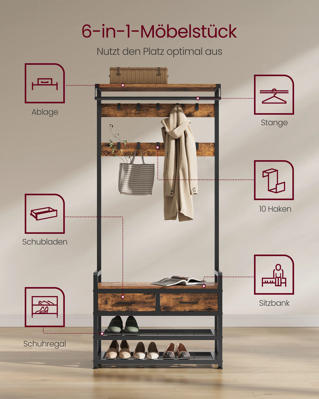 VASAGLE Coat Rack with Shoe Bench – Separable Design, Entryway Hall Tree & Storage Organizer