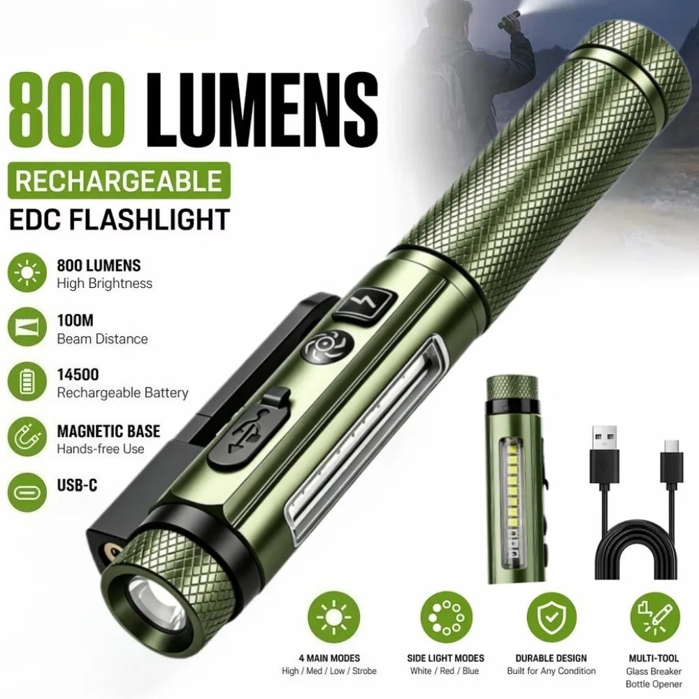 800 Lumen Rechargeable EDC Flashlight – Magnetic Pen Light for Hiking, Work & Emergencies