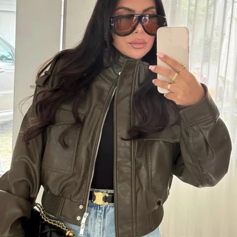 Women's Green Faux Leather Jacket – Zip-Front Streetwear