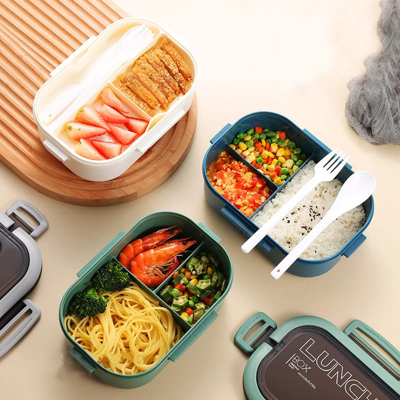 Various lunch boxes with different food contents on a light surface.