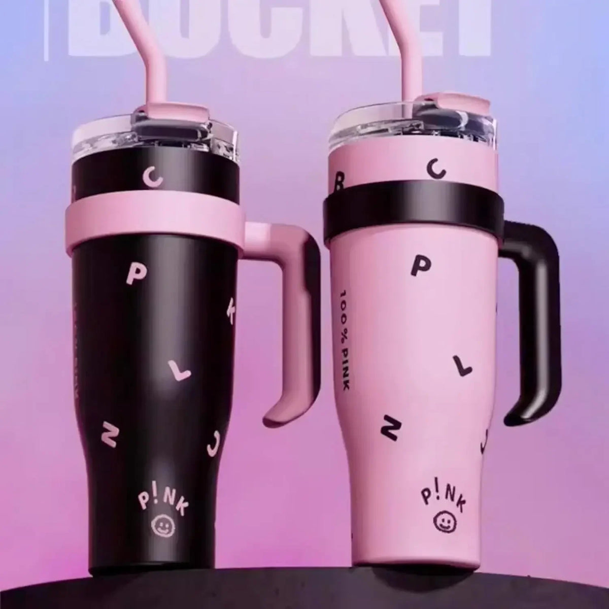 1200ml Stainless Steel Vacuum Insulated Tumbler with Straw – 6–12Hr Thermal, CIQ Certified, Outdoor & Travel, Pink & Black