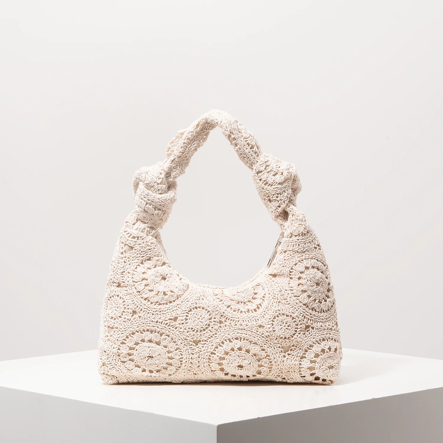 Boho Floral Half-Moon Beach Bag – Hollow-Out Polyester Shoulder Bag for Women