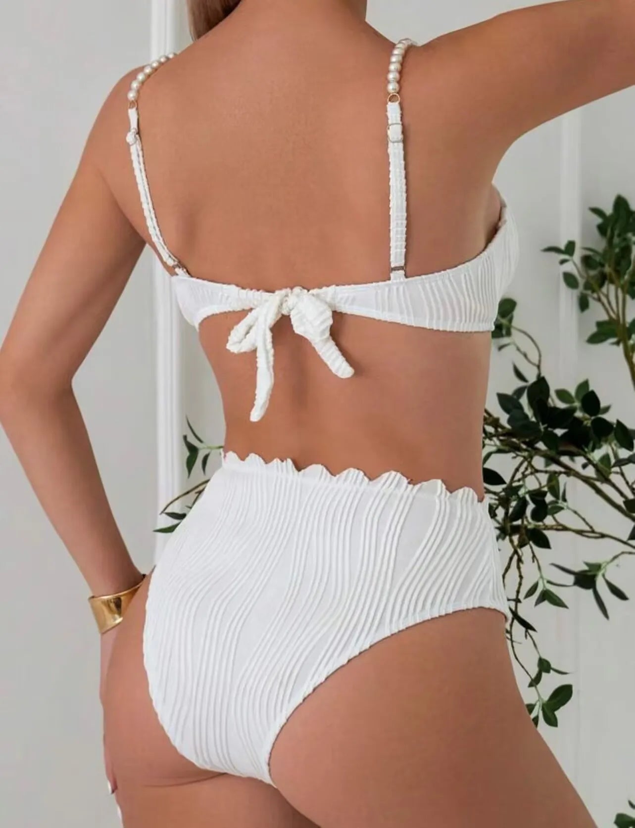Sexy White & Black Bikini Set | Pearl Strap, Ruffles, Push-Up High Waist, 3-Piece Swimsuit 2025