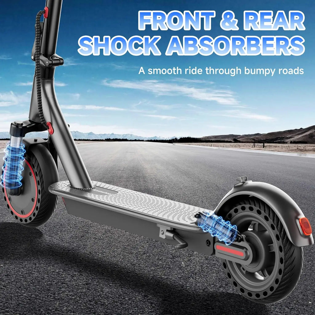 Electric scooter front and rear shock absorbers designed for smoother riding.