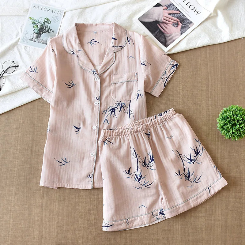Women's Japanese Style 100% Cotton Cartoon Pajama Set | Short Sleeve & Shorts Sleepwear
