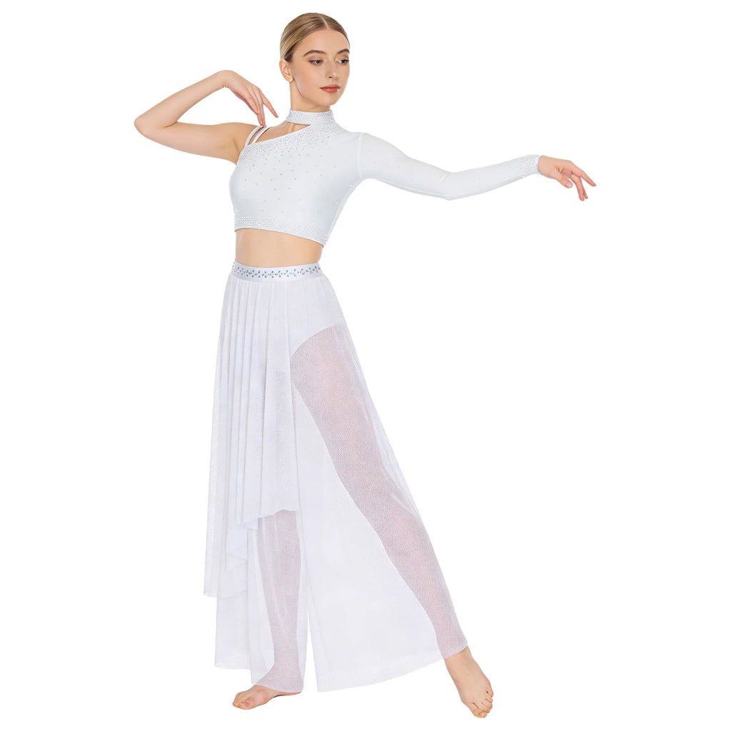 Women's Dance Performance Costume – Shiny Crop Top & Sheer Pants for Skating, Gymnastics & Ballet