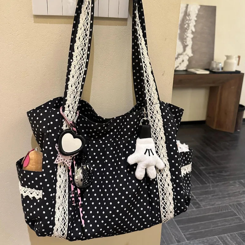 Korean Vintage Canvas Shoulder Bag – Cute Lace Large Capacity Tote & Underarm Handbag for Women