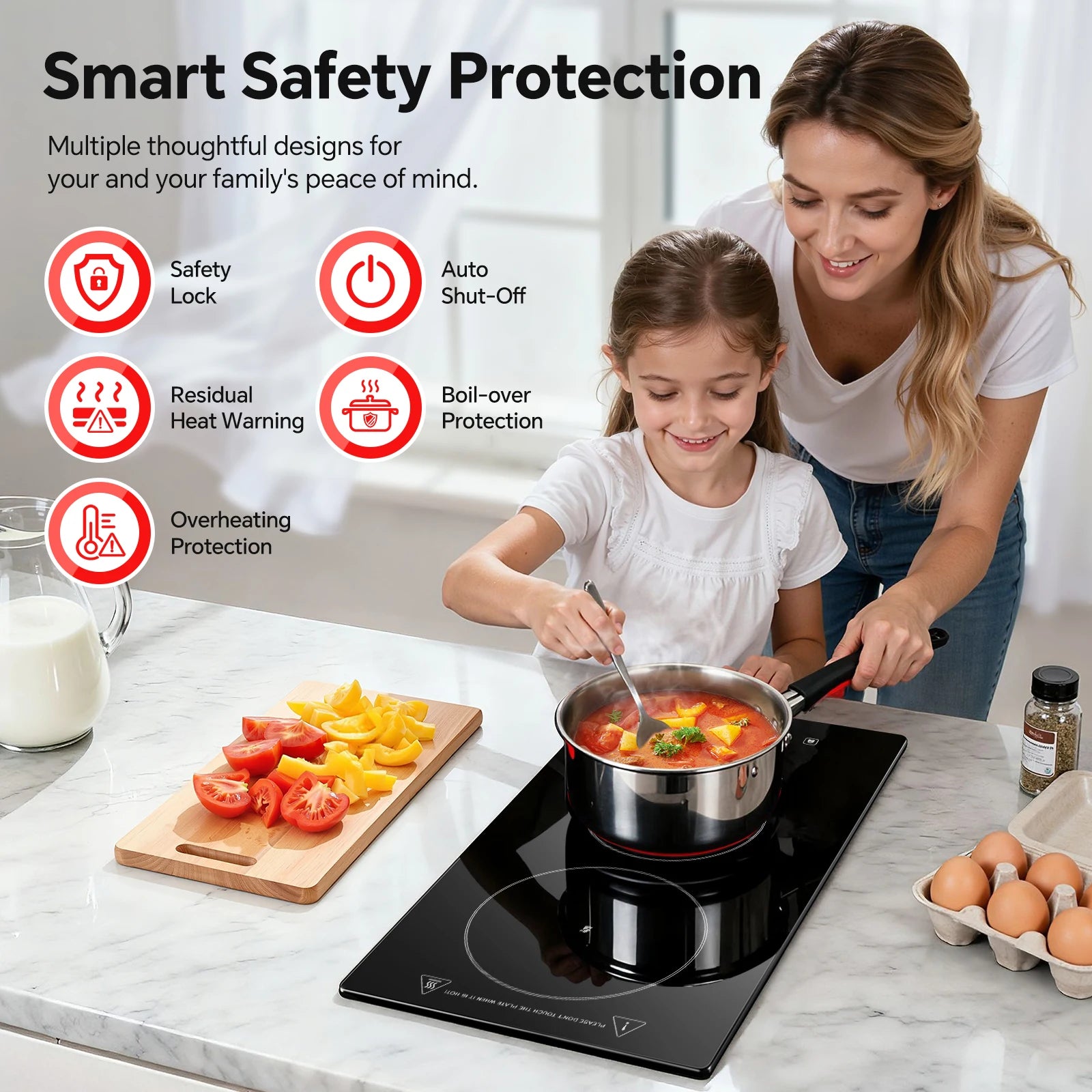 2-Zone Ceramic Hob – 3000W, Child Lock, 9 Heat Levels, 1-99 Min Timer, 60cm Black Glass (CE Certified)