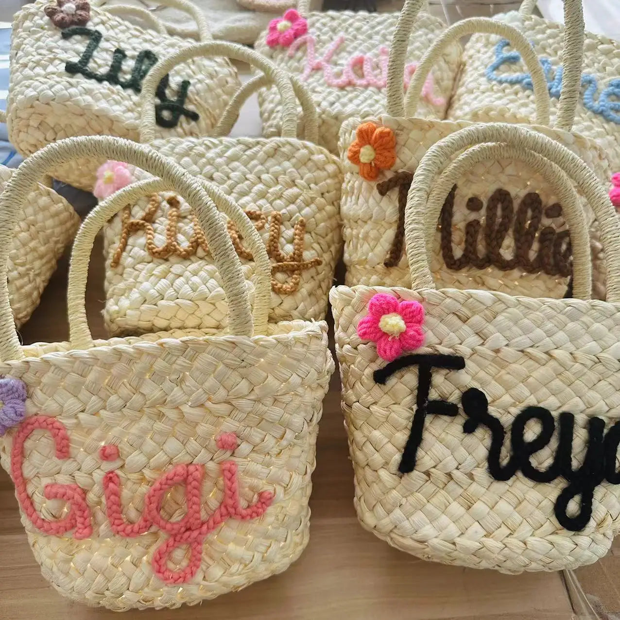 Personalized Handmade Straw Linen Tote Bag – Custom Name Bridesmaid Flower Girl Beach Bridal Party Gift Bag