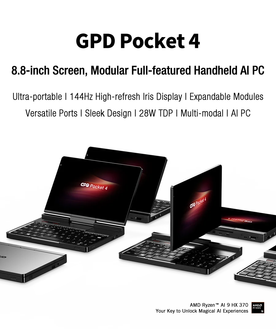 GPD Pocket 4 8.8" Mini Laptop – AMD Ryzen AI 9 HX 370, Up to 64GB LPDDR5X, 2TB NVMe, 144Hz Touch, Windows 11