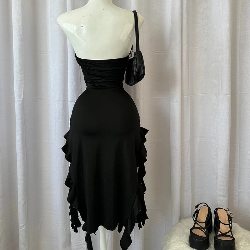 Women's Strapless Floral Fold High Slit Mini Dress – Backless Sleeveless Party Dress in Black & Pink