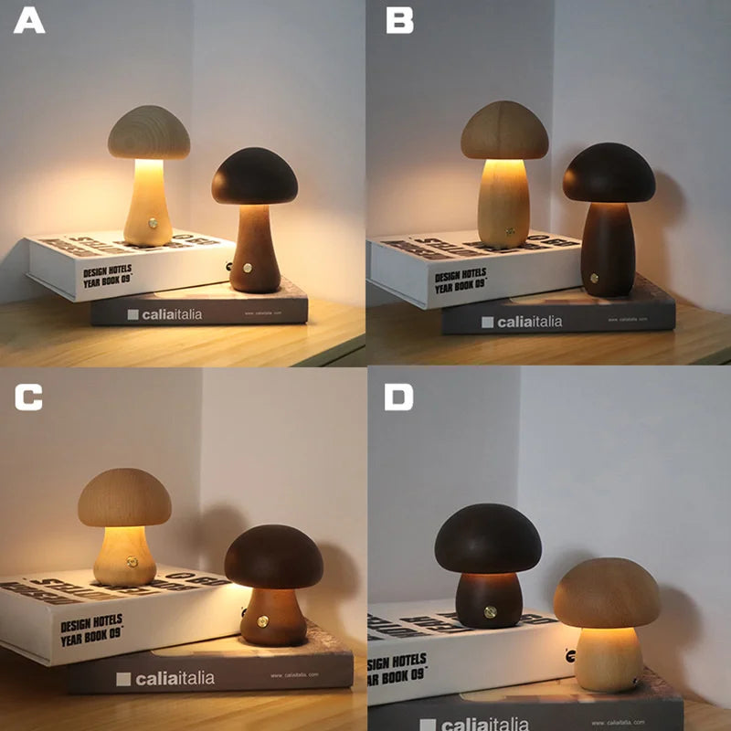 Wooden Mushroom Lamp – Rechargeable Touch Night Light