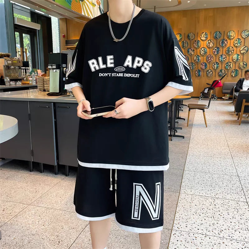Men's Korean High Street T-Shirt & Shorts Tracksuit – Trendy 2-Piece Designer Set (S–6XL)