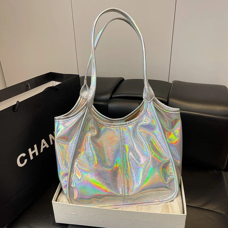 Silver TPU Large Capacity Tote Bag – Luxury Business Shoulder Handbag for Women
