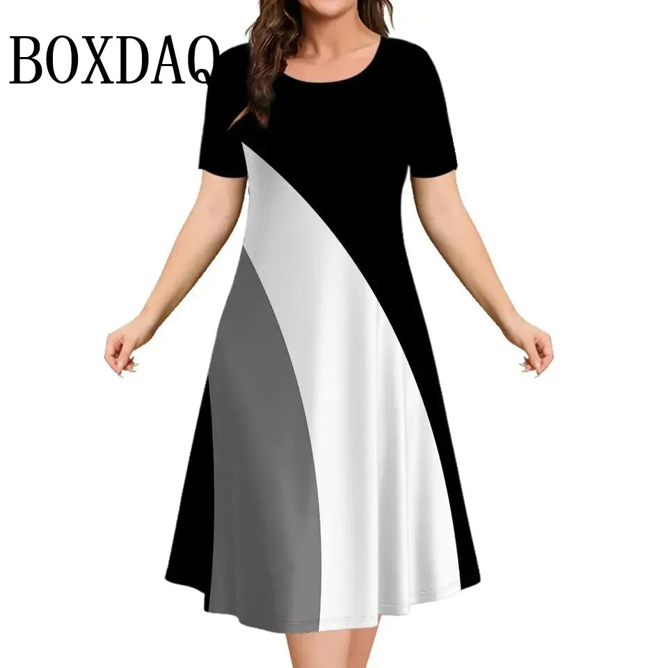 Contrast Stripe O-Neck Short Sleeve Plus Size Mini Dress — Casual Elegant Fashion Dress