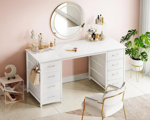 48" White Computer Desk with 8 Fabric Drawers — Large Storage Home Office, Study & Gaming Desk