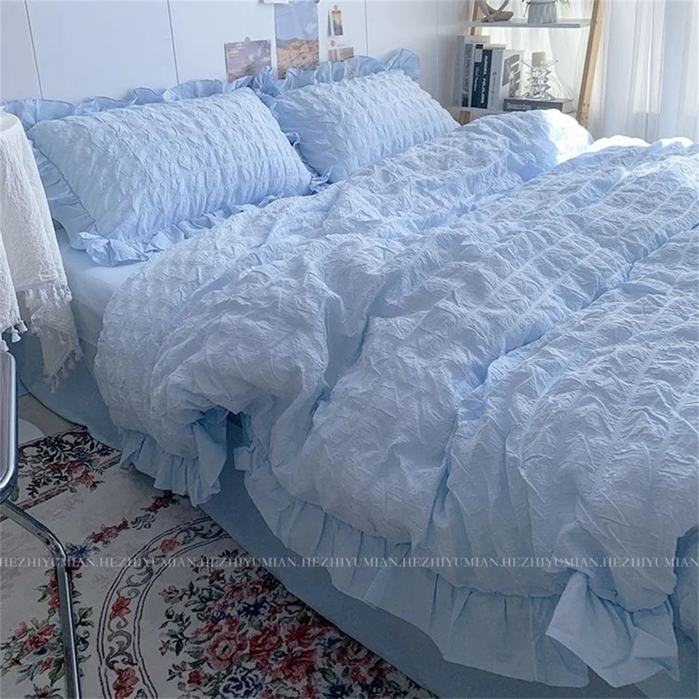 Girls Blue Seersucker Ruffle Bedding Set – Kawaii Soft Duvet Cover with Pillow Cases