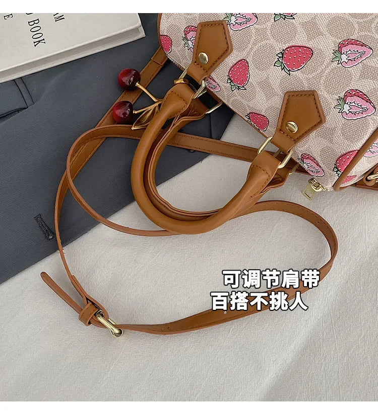 Cherry Print PU Leather Boston Crossbody Shoulder Bag – Luxury Designer Handbag for Women