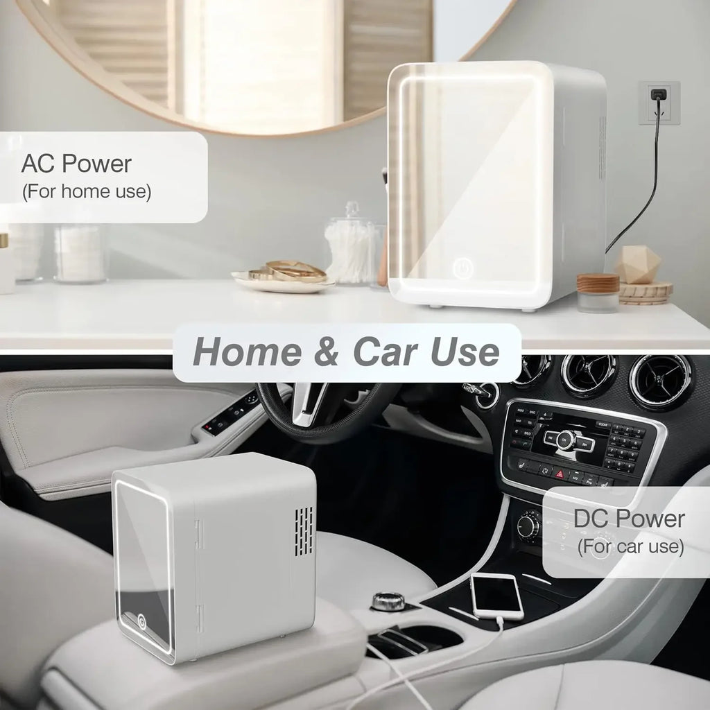 Skincare Fridge with Dimmable LED Light Mirror — 4L Makeup Mini Fridge for Bedroom & Car