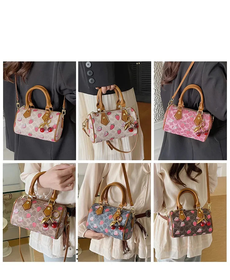 Cherry Print PU Leather Boston Crossbody Shoulder Bag – Luxury Designer Handbag for Women