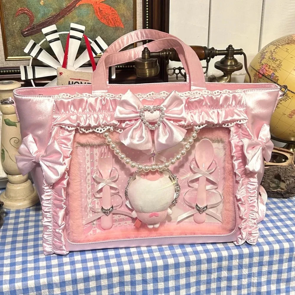 miyagawa Satin Pearl Bow Ita Bag Square Tote – Japanese Sweet High Capacity Shoulder Bag for Women