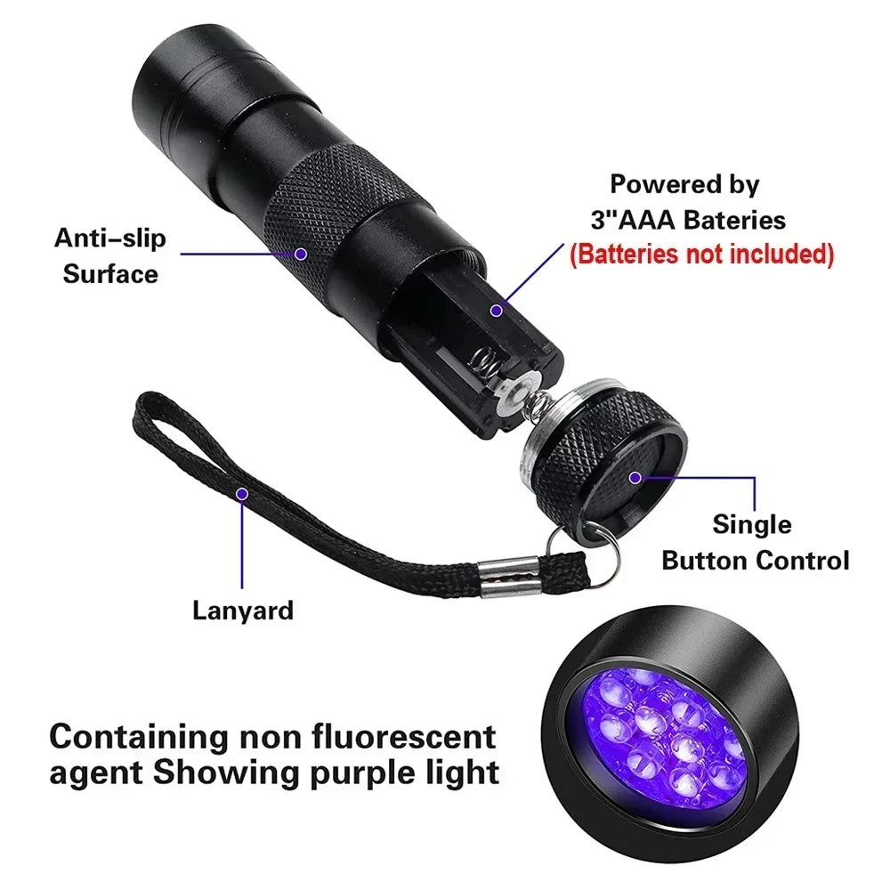 UV Blacklight Flashlight | 9/12 LED 395nm, Pet Urine & Stain Detector, Waterproof Aluminum, Batteries Not Included