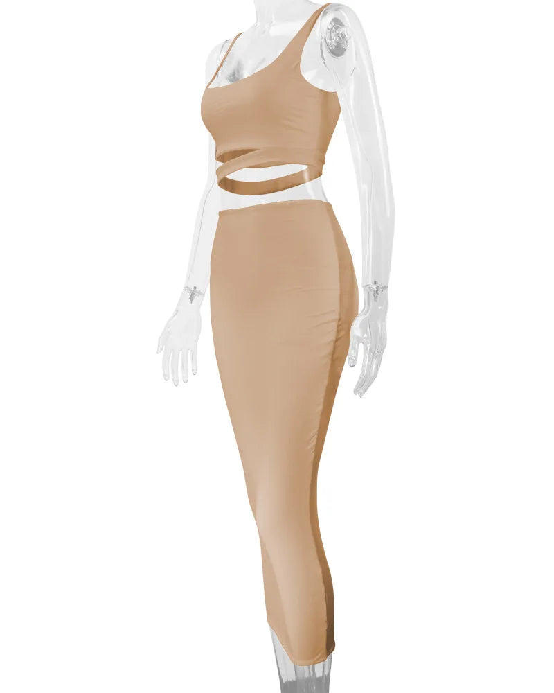 Sexy Pleated Hollow-Out Two-Piece Dress — Elegant Long Night Party Dress