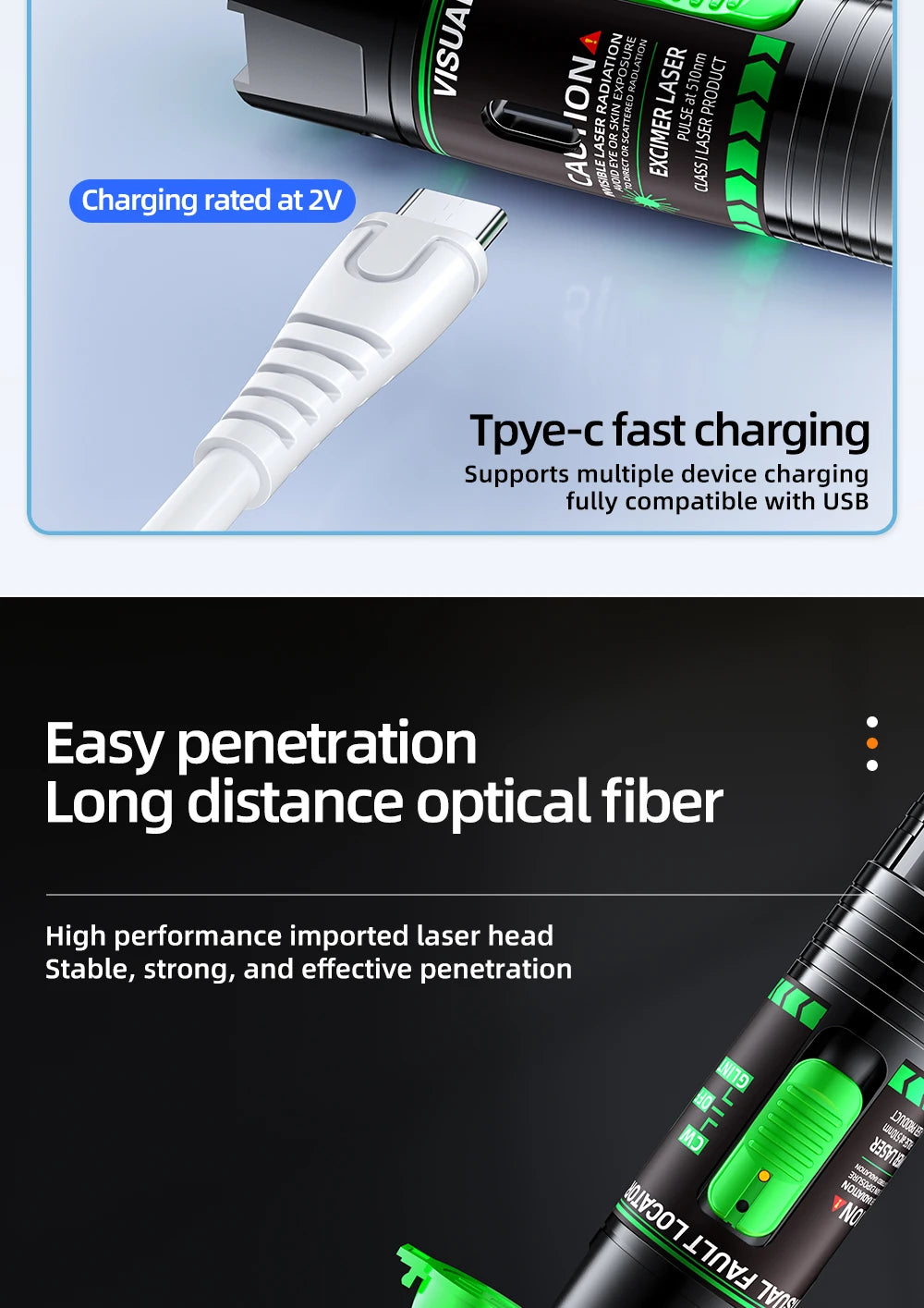 Rechargeable Green VFL Fiber Optic Tester – 15mW to 100mW Visual Fault Locator Pen