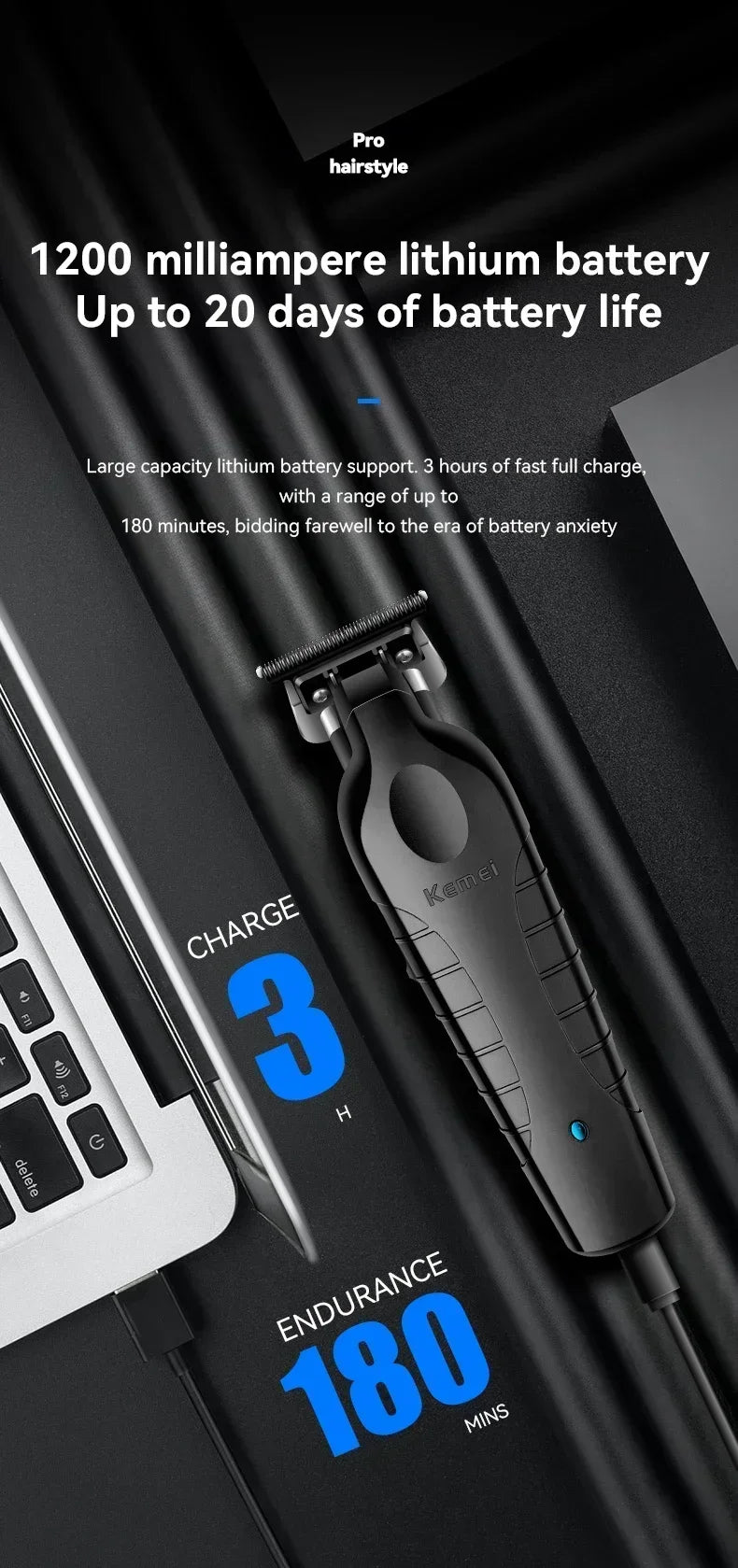 Kemei KM-2299 Cordless Hair Clipper – USB Fast Charge, 180-Min Runtime, Auto Power Adjust