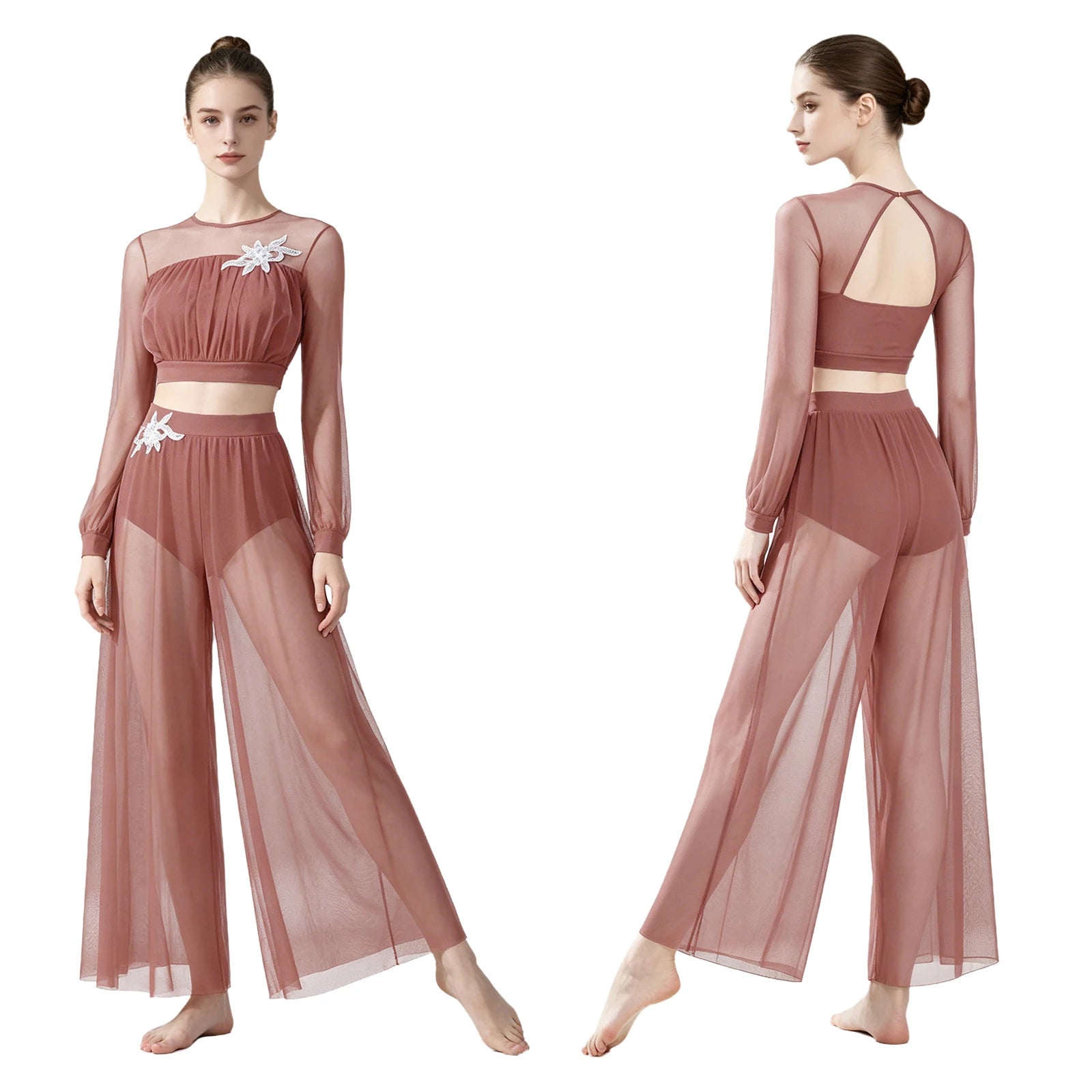 Women's Dance Performance Costume – Shiny Crop Top & Sheer Pants for Skating, Gymnastics & Ballet