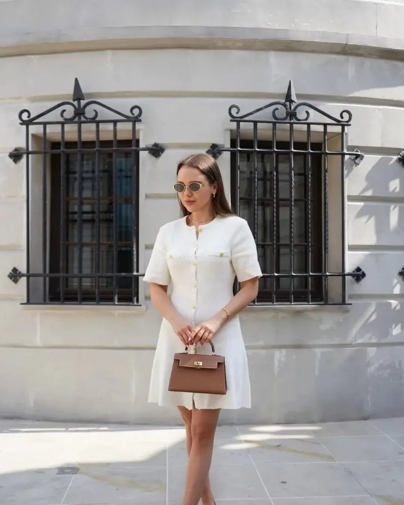 Elegant Knit Rib Mini Dress — High Waist Short Sleeve Bodycon Sweater Dress