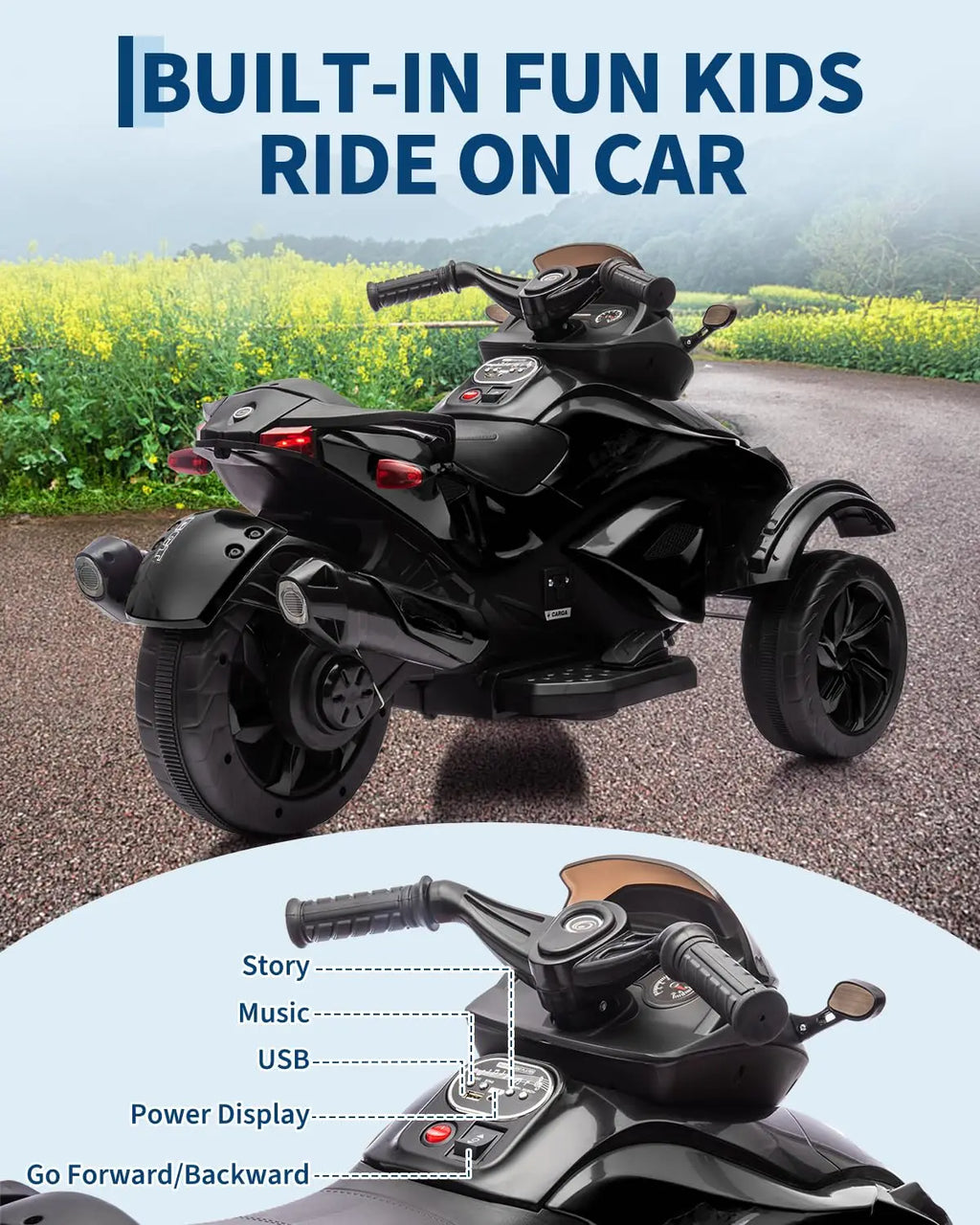 12V Kids Ride-On Car – Three-Wheel Electric Toy with Lights