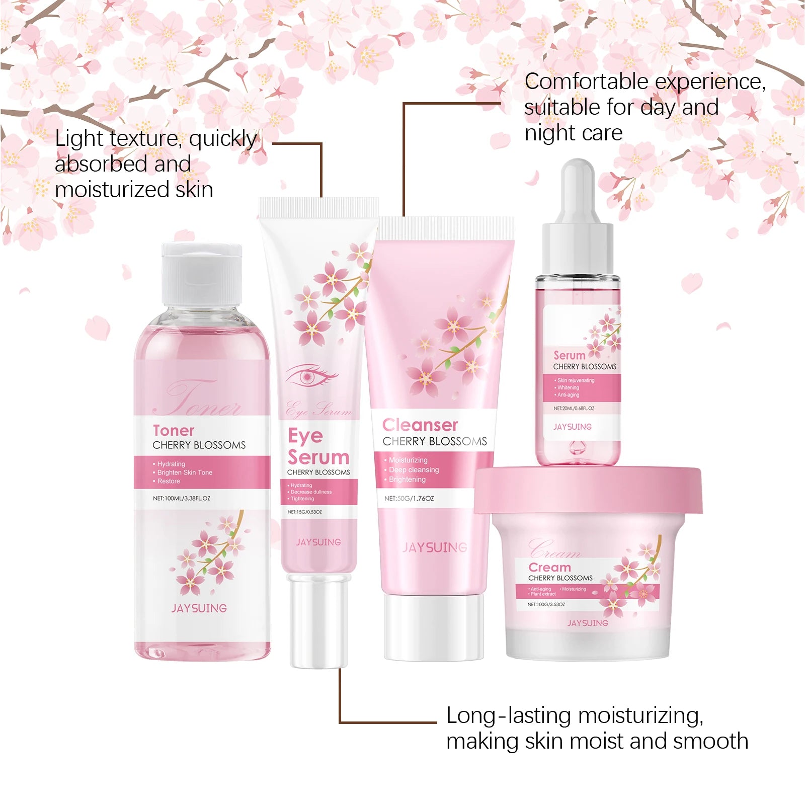 Sakura Skincare Set – Cherry Blossom Face Cream, Serum, Toner, Cleanser & Eye Cream for Women