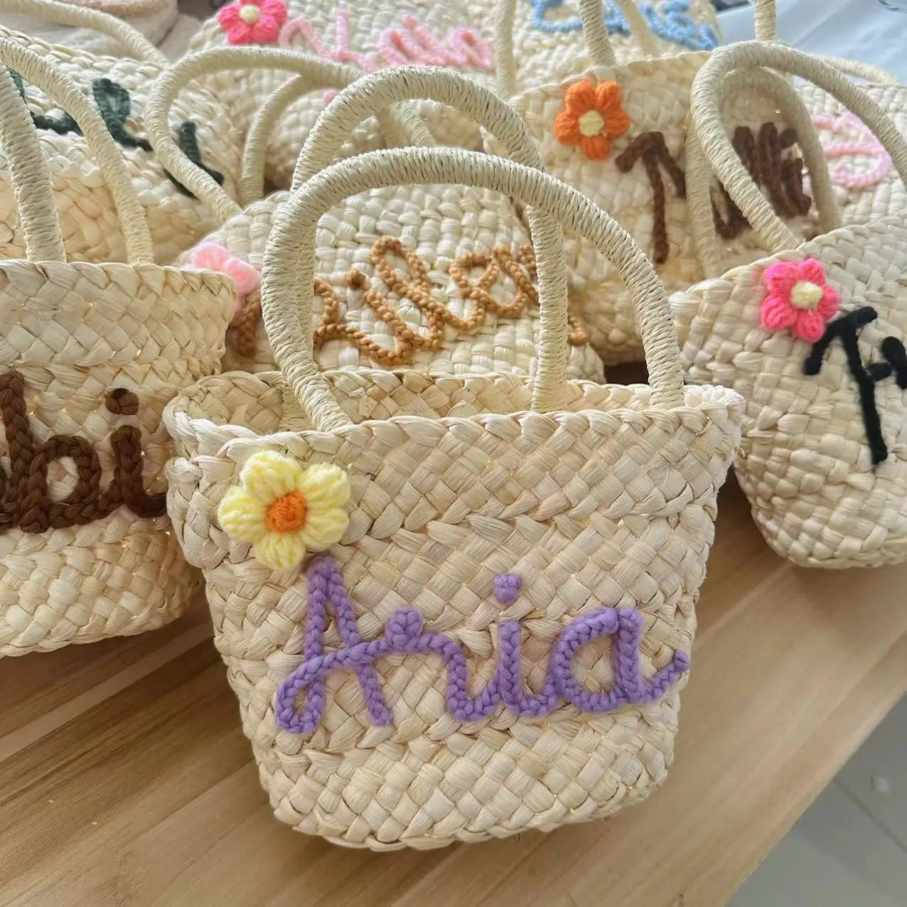 Personalized Handmade Straw Linen Tote Bag – Custom Name Bridesmaid Flower Girl Beach Bridal Party Gift Bag