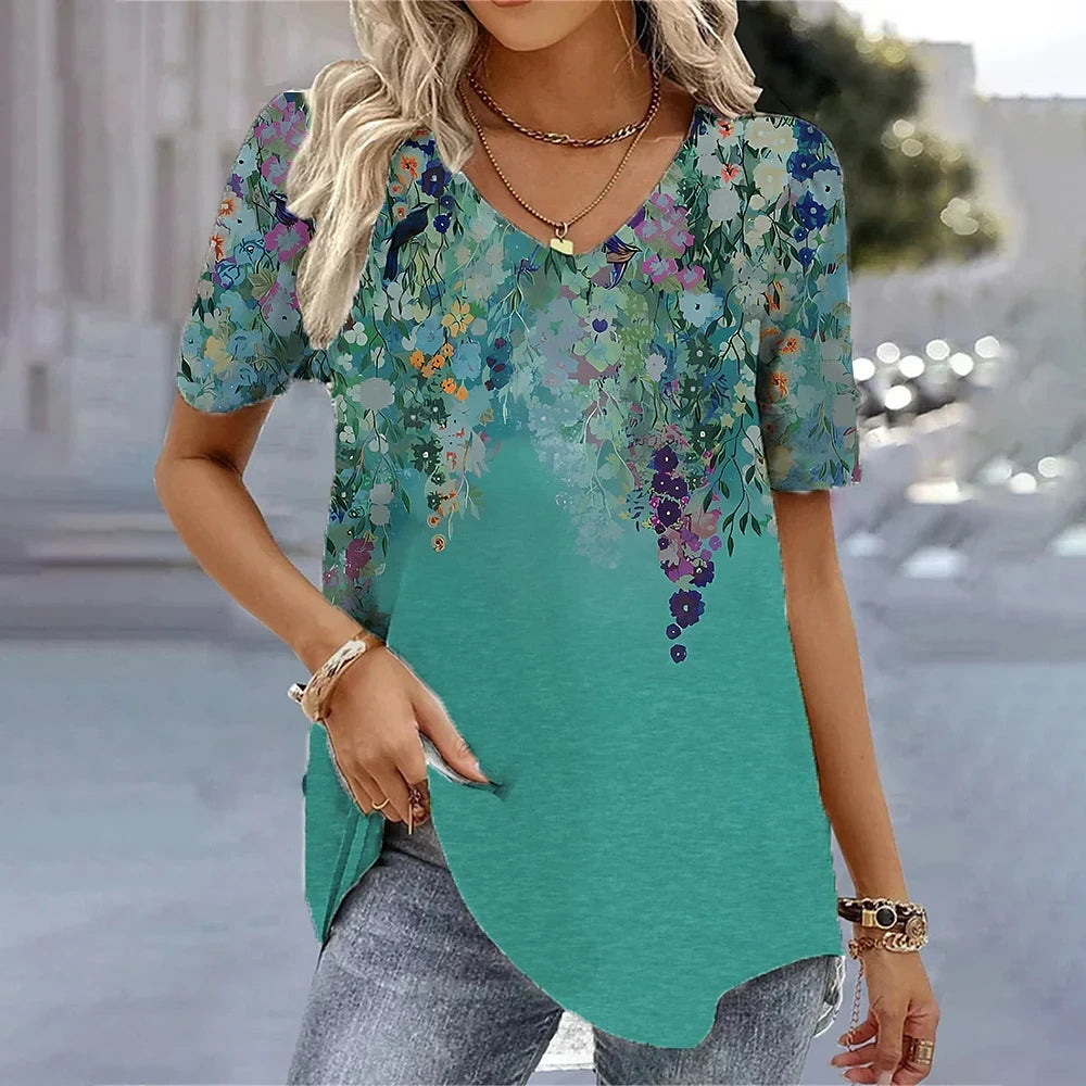 Women's 3D Flower Print V-Neck T-Shirt – Kawaii Oversized Summer Top & Blouse