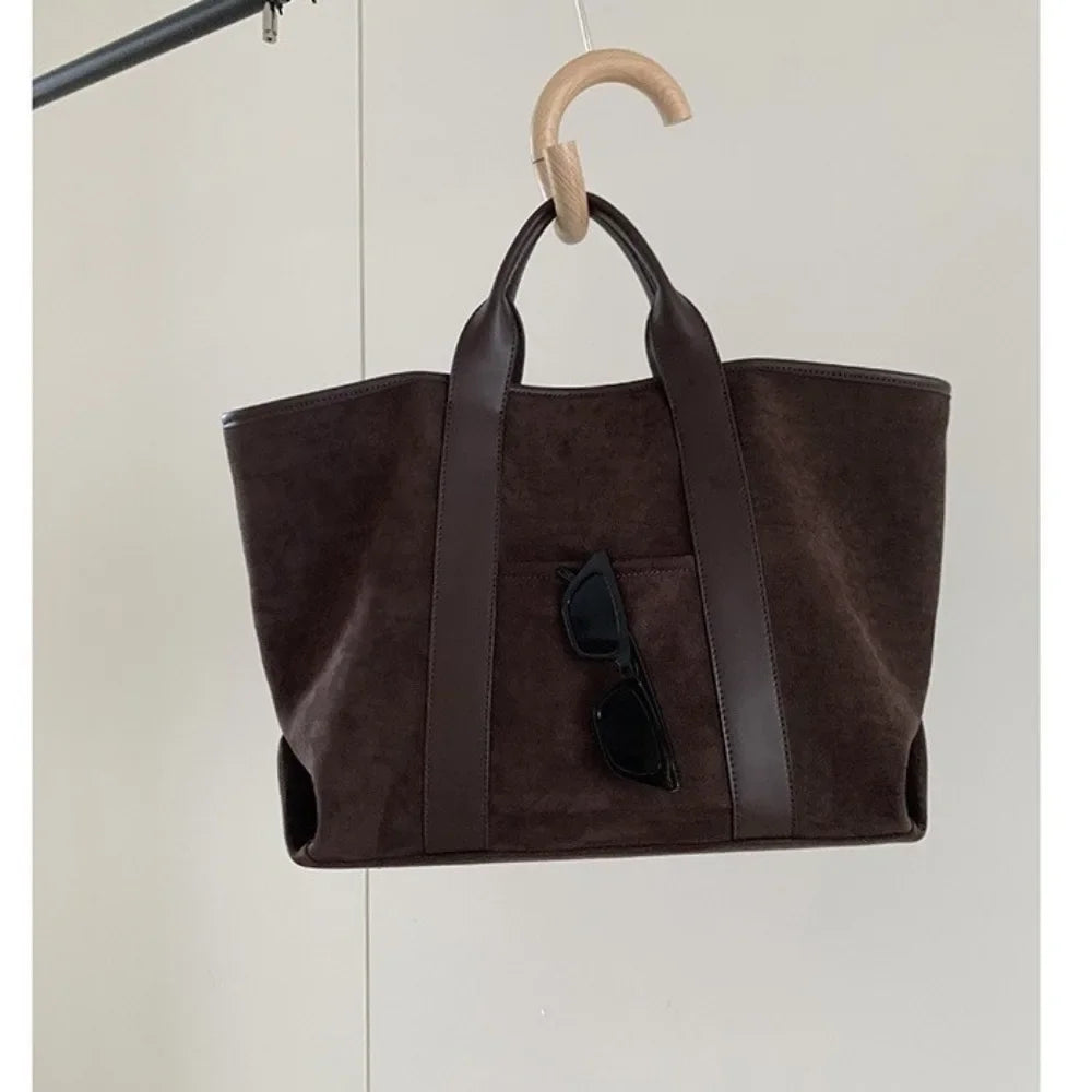 Large Capacity Retro Faux Suede Shoulder Tote Bag – Luxury Commuter Travel Handbag for Women