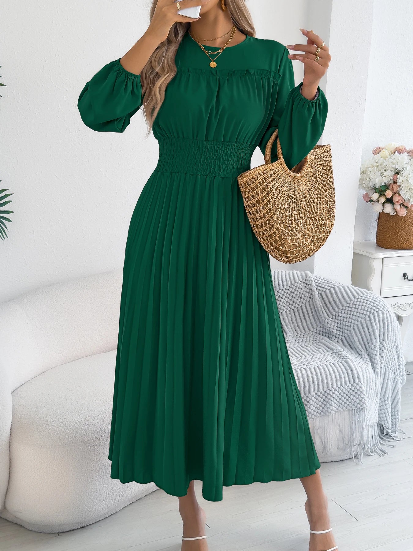 Elegant Dresses Women 2026 Autumn Winter Casual Solid Color High Waist Long Sleeve Maxi Dress Khaki Green Blue Woman Clothing