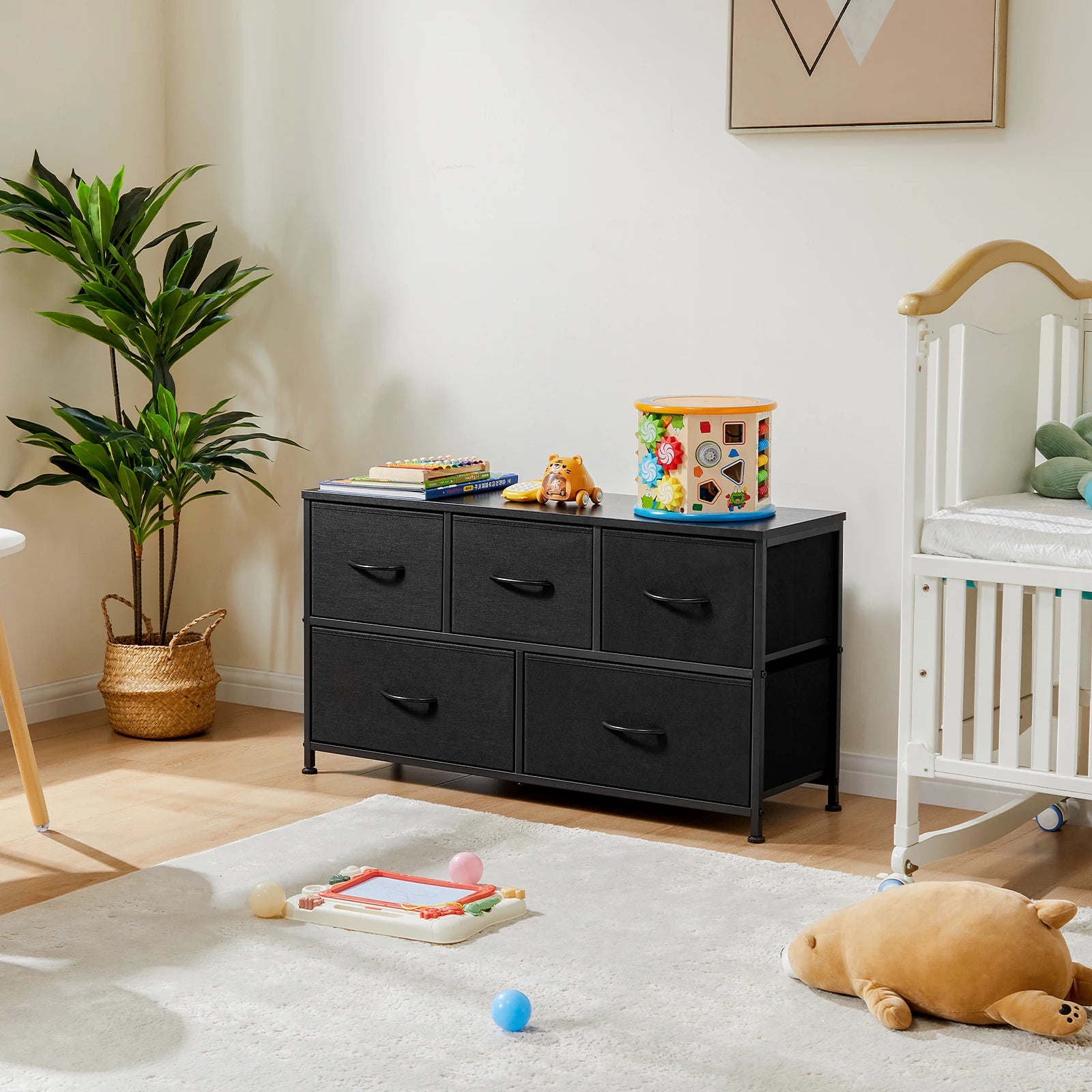 5-Drawer Fabric Dresser with Wooden Top & Metal Frame — Bedroom & Living Room Storage