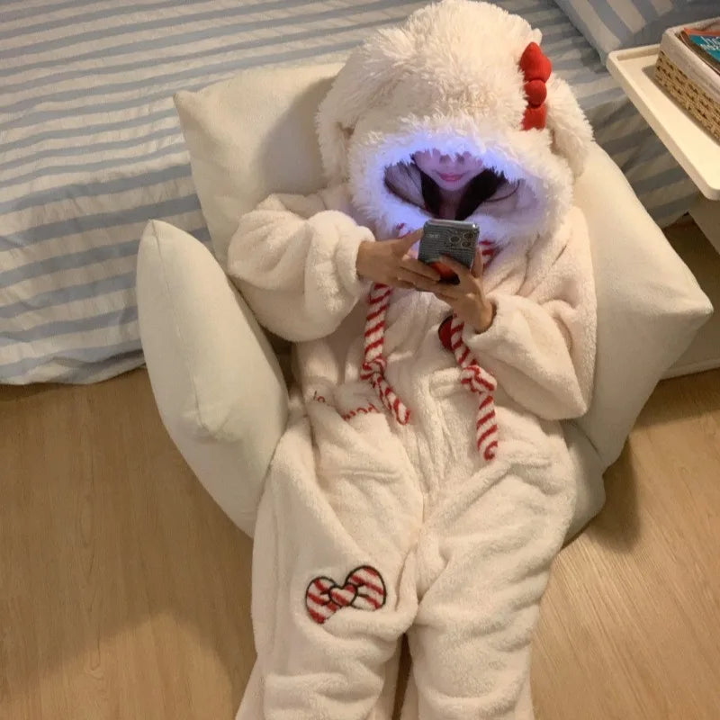 Women's Sweet Bow Rabbit One-Piece Fleece Pajamas | Thickened Coral Fleece Plus Size Loungewear