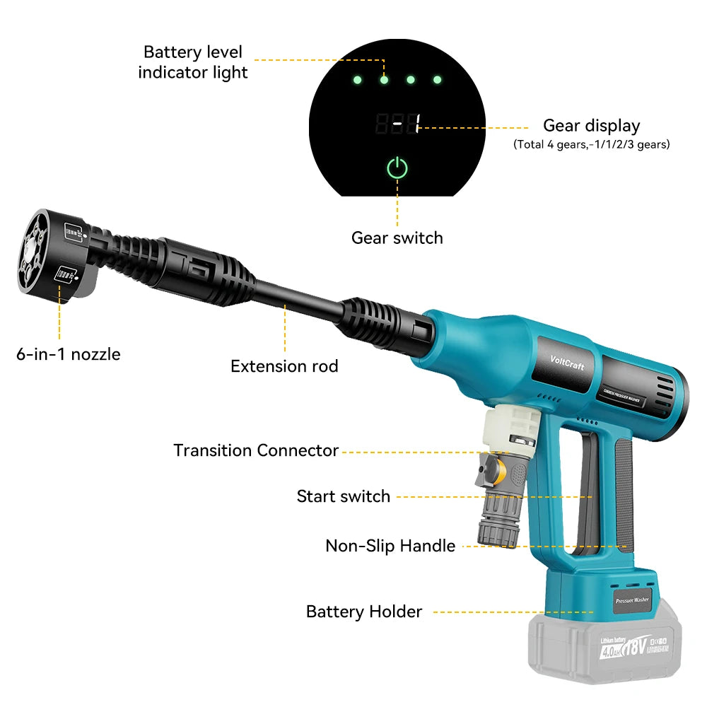 250 Bar Brushless Cordless Pressure Washer – 4 Gears, 6-in-1, Makita 18V Compatible