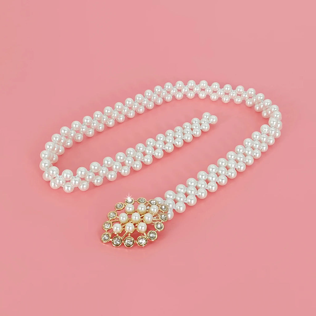 Pearl & Rhinestone Elastic Waist Belt — Beaded Waist Chain for Women