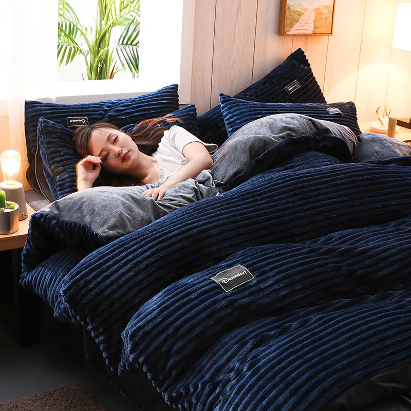 Double-Sided Velvet Duvet Cover Set – Warm Winter 3-Piece Bedding with Zipper & Corner Ties, 11 Colors & 4 Sizes