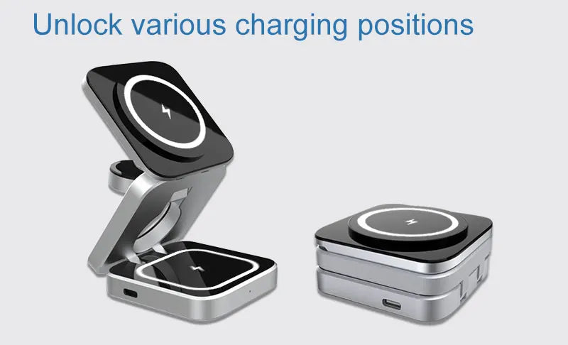 Foldable 3-in-1 Magnetic Wireless Charging Station for iPhone 12–17, Apple Watch & AirPods – Travel Charger