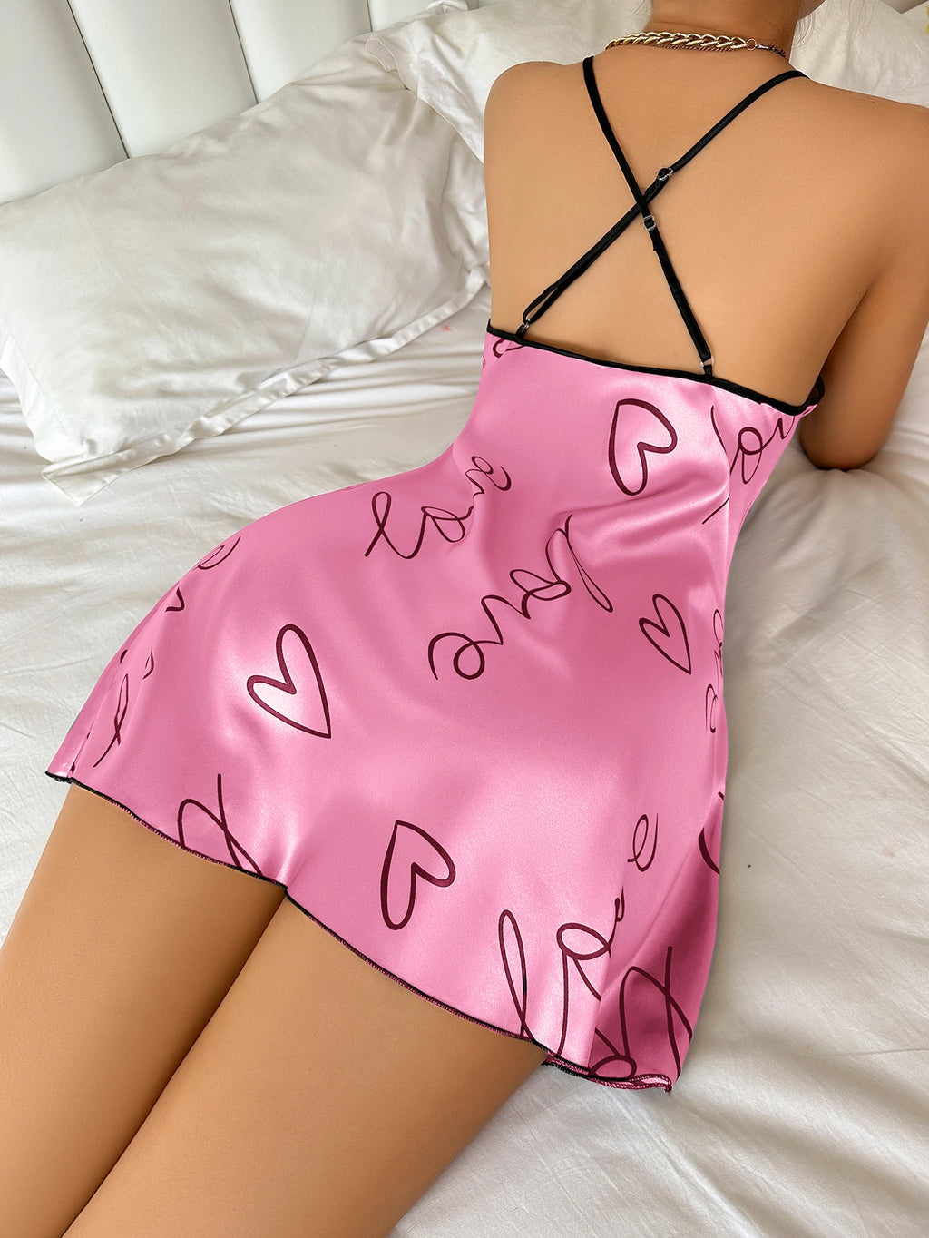 Heart & Letter Print Spaghetti Strap Nightdress — Mini Sleep Dress