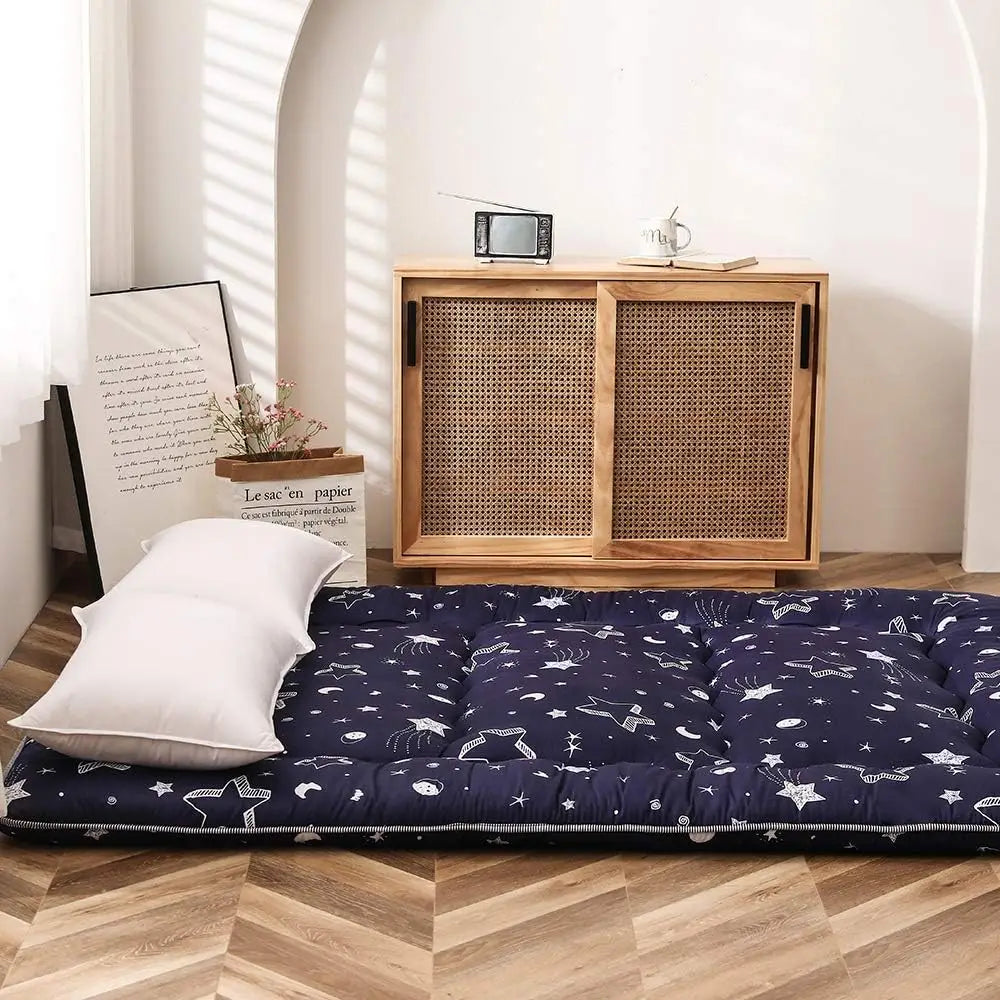 Navy Star Queen Size Foldable Japanese Floor Futon Mattress, Portable Tatami Sleeping Mat for Camping & Indoor Use